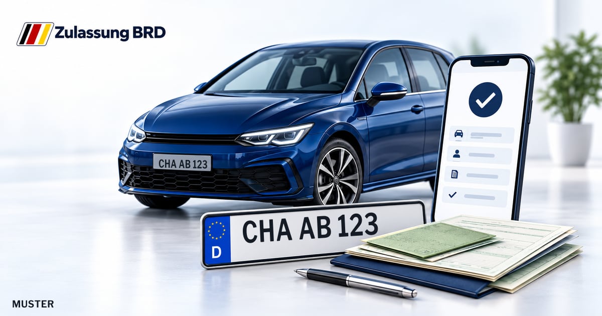 Online Fahrzeugzulassung in Waldmünchen: Musterkennzeichen CHA AB 123, Auto und Fahrzeugpapiere und Smartphone. Illustration mit Logo von Zulassung BRD.